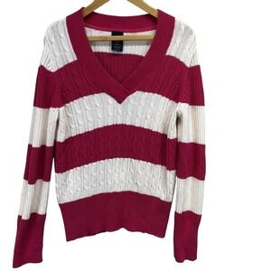 Faded Glory VTG Cable Knit Sweater Womens XXL 20 Pink White Striped V-Neck 90's